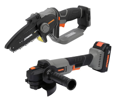 STHOR akkumlátoros sarokcsiszoló 125 mm 20V 2Ah + STHOR akkus láncfűrész 150 mm 20V