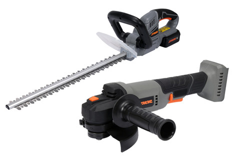 Sthor akkus sövényvágó 20V 450 mm 2 AH akkuval és töltővel + STHOR akkumlátoros sarokcsiszoló 125 mm 20V 2Ah (akku + töltő nélkül)