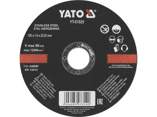 YATO 61025 Vágókorong fémre 125 x 1,0 x 22,2 mm inox (YT-61025)